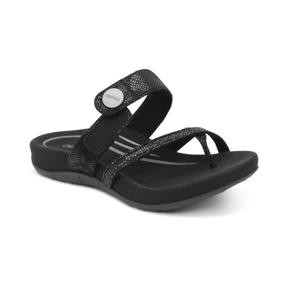 Aetrex Women's Izzy Adjustable Sandals - Black | USA AHHQEHL